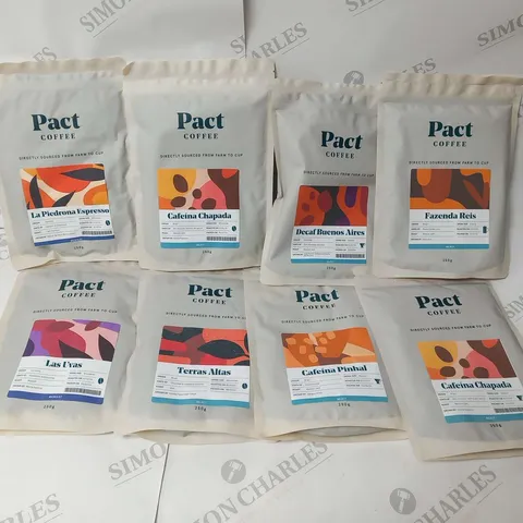 APPROXIMATELY EIGHT ASSORTED PACT COFFEE 250G PACKS TO INCLUDE; CAFEINA CHAPADA, FAZENDA REIS, DECAF BUENOS AIRES, CAFEINA PINHAL, TERRAS ATLAS AND LAS UVAS