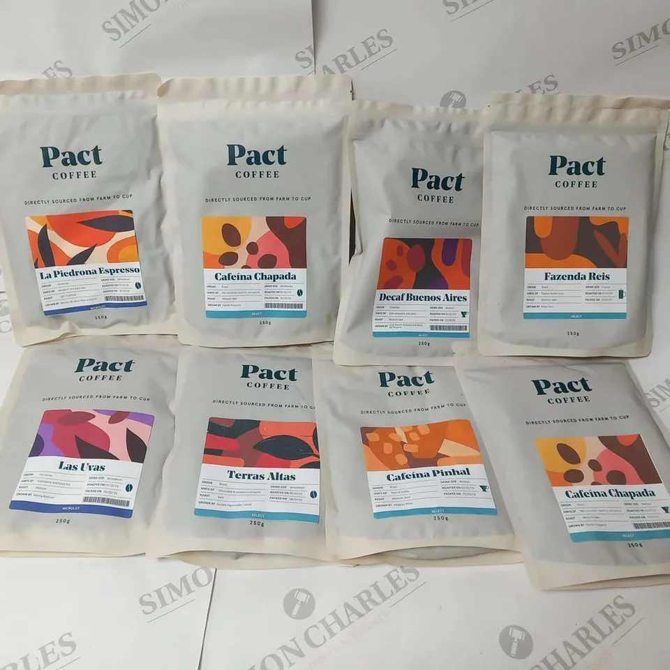 APPROXIMATELY EIGHT ASSORTED PACT COFFEE 250G PACKS TO INCLUDE; CAFEINA CHAPADA, FAZENDA REIS, DECAF BUENOS AIRES, CAFEINA PINHAL, TERRAS ATLAS AND LAS UVAS