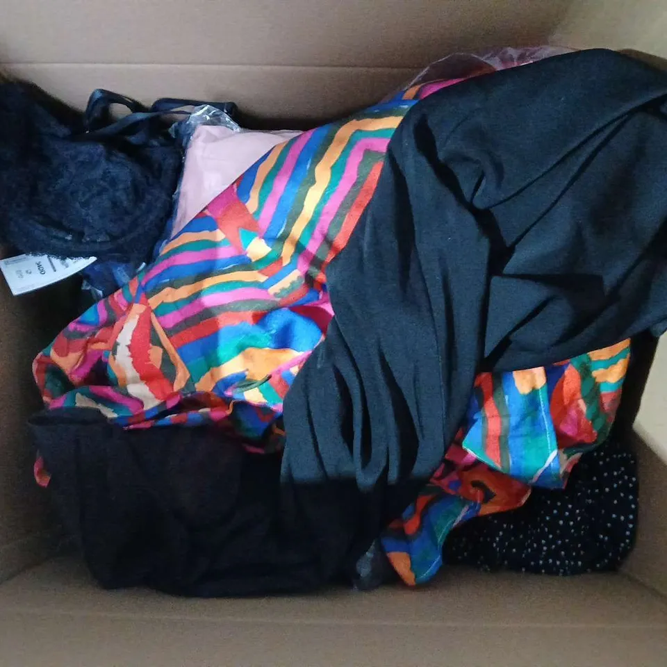 LARGE BOX OF ASSORTED CLOTHING ITEMS IN VARIOUS SIZES, STYLES AND COLOUR  TO INCLUDE DRESS, BRA, TOP, ETC