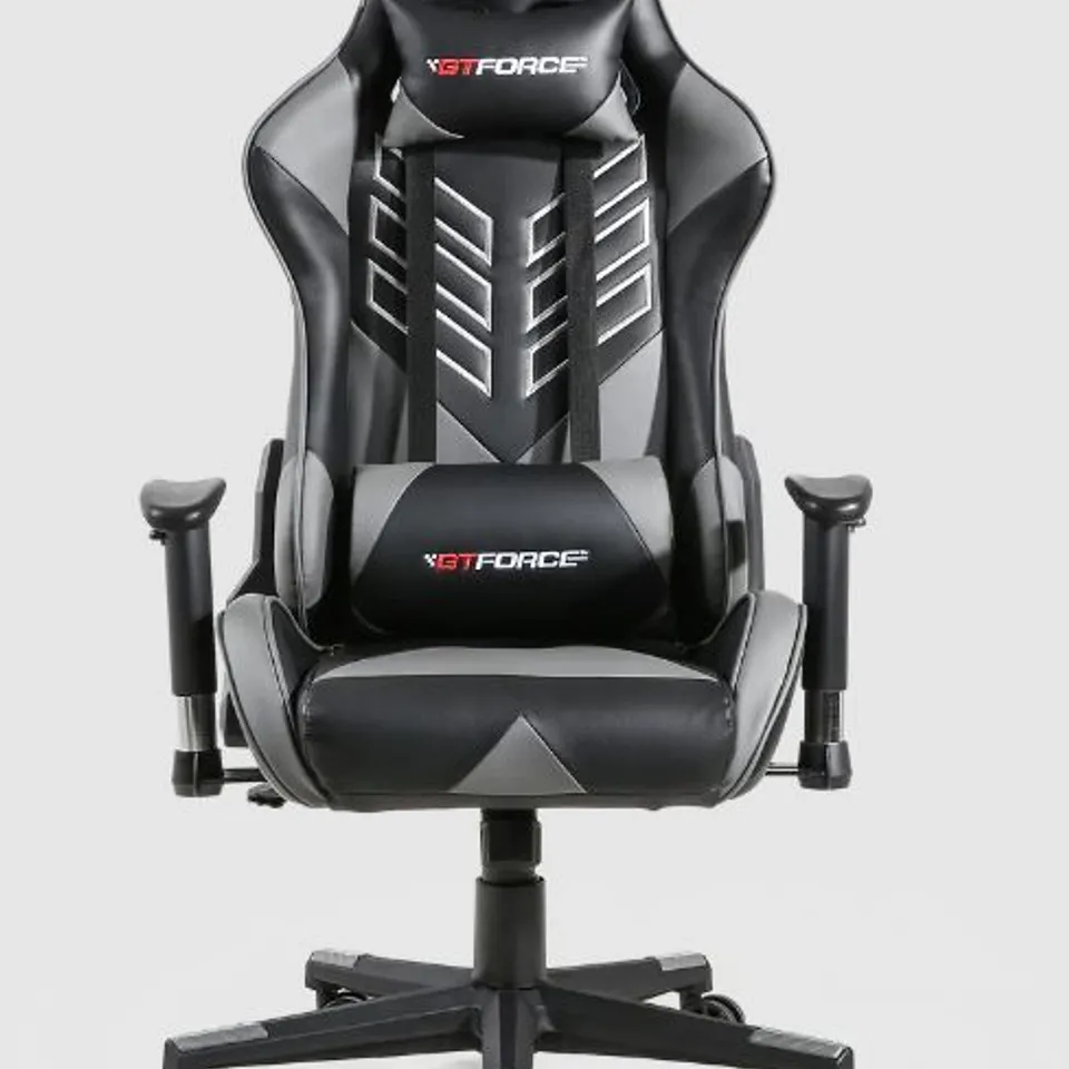 BOXED GT FORCE PRO R LEATHER RACING SPORTS OFFICE CHAIR IN BLACK AND GREY (1 BOX)