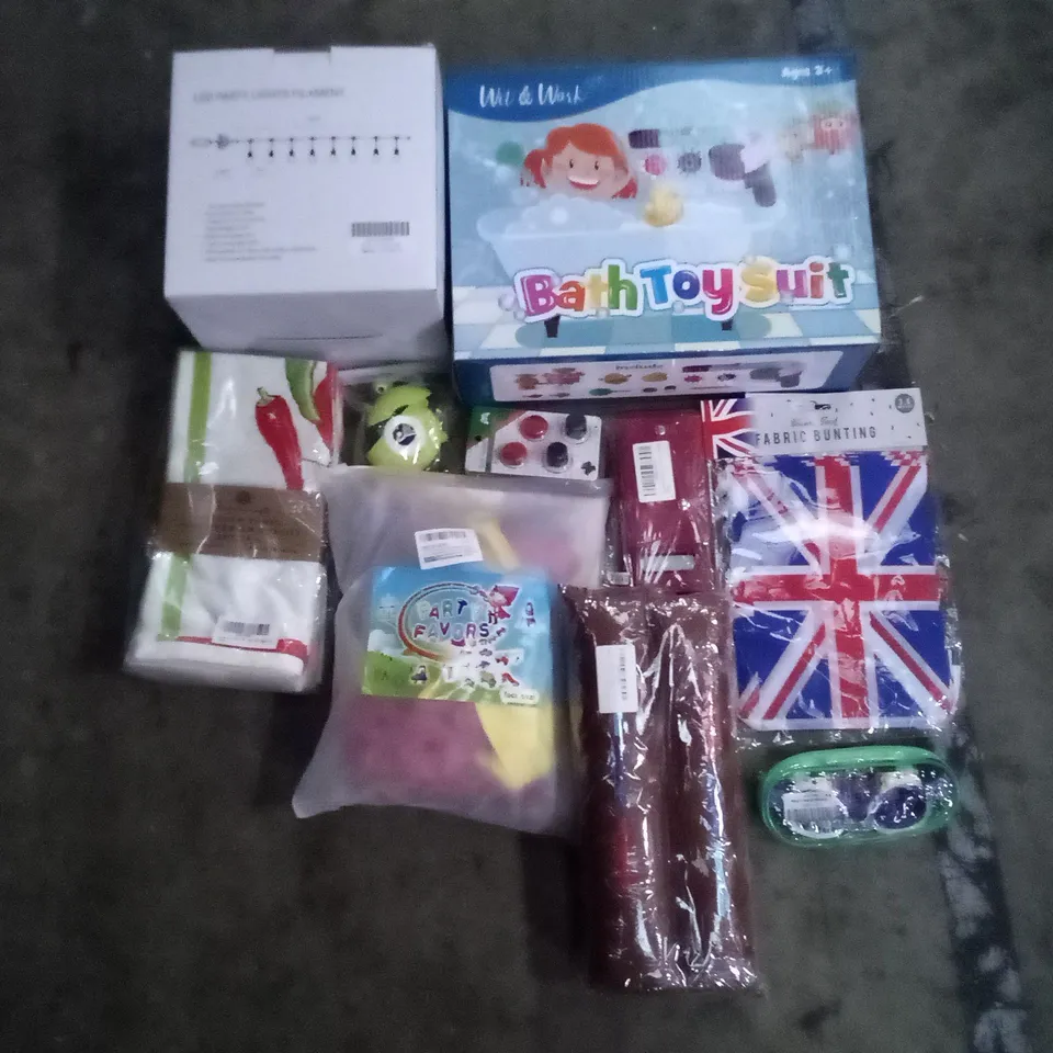 PALLET OF 6 BOXES CONTAINING ASSORTED ITEMS INCLUDING PARTY DECORATIONS, LED PARTY LIGHTS, AIRPORT CASE, KIDS SWIMMING GOGGLES, BATH TOY SUIT, CAR SEAT GRIPS