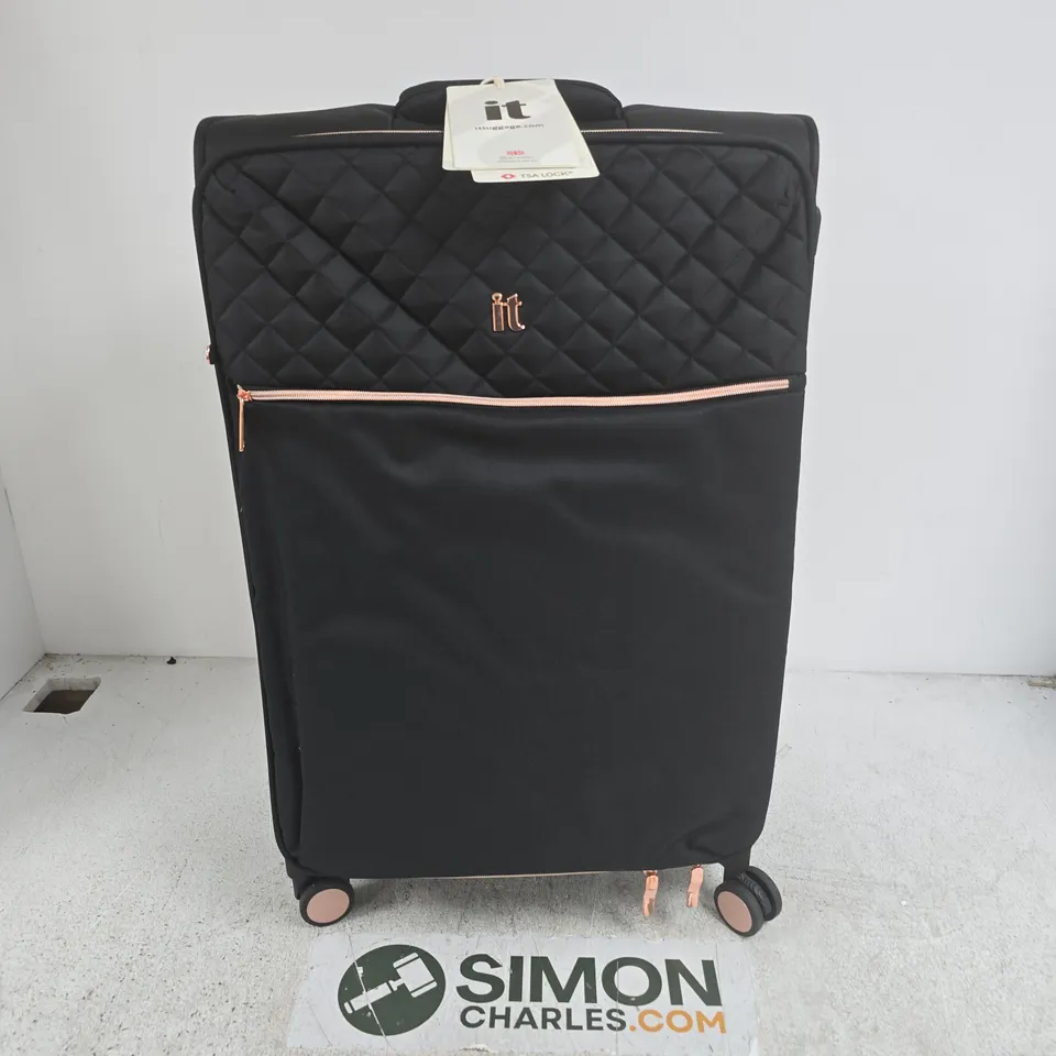 IT LUGGAGE BLACK QUILTED ROLLING SUITCASE – CARRY-ON WITH ROSE GOLD ZIPS