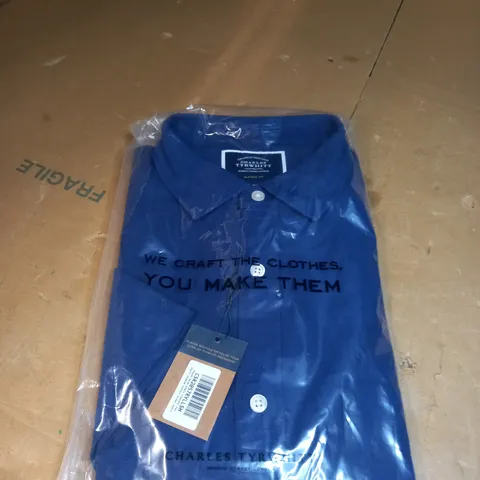 CHARLES TYRWHITT ROYAL BLUE PLAIN CLASSIC FIT SHORT SLEEVED LINEN SHIRT SIZE L