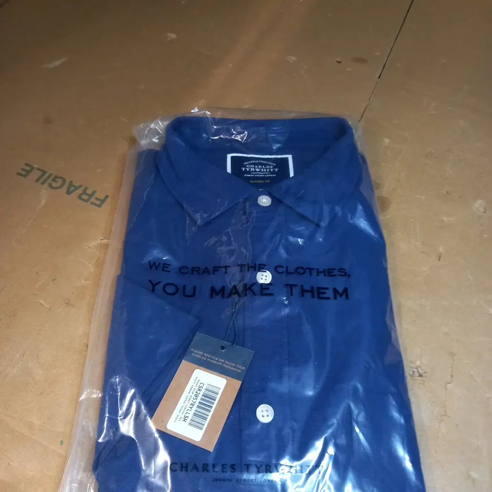 CHARLES TYRWHITT ROYAL BLUE PLAIN CLASSIC FIT SHORT SLEEVED LINEN SHIRT SIZE L