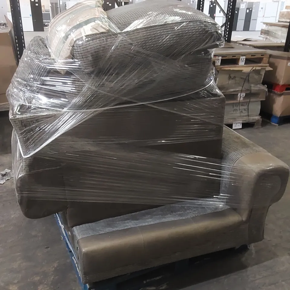 2 X PALLETS TO CONTAIN A SINGULAR FABRIC UPHOLSTERED CORNER SOFA 