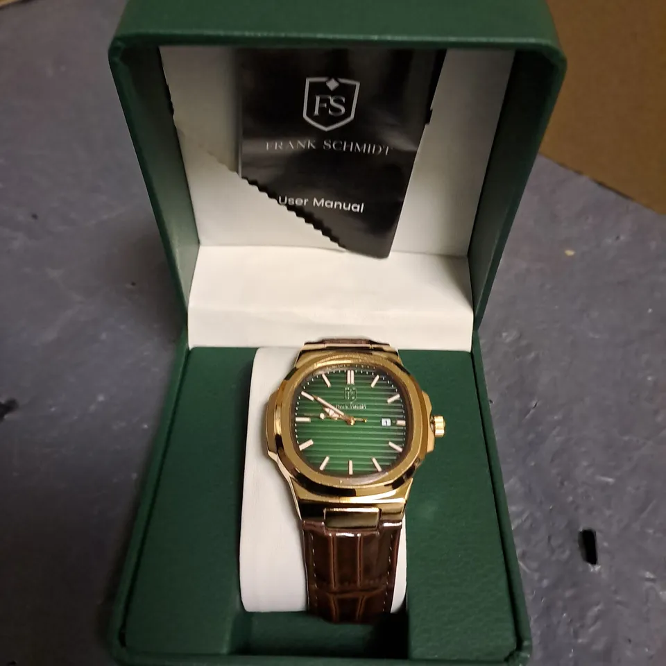 FRANK SCMIDT GREEN DIAL GENTS WATCH WITHSTAINLESS STEELLBACK AND BROWN LEATHER STRAP IN GIFT BOX