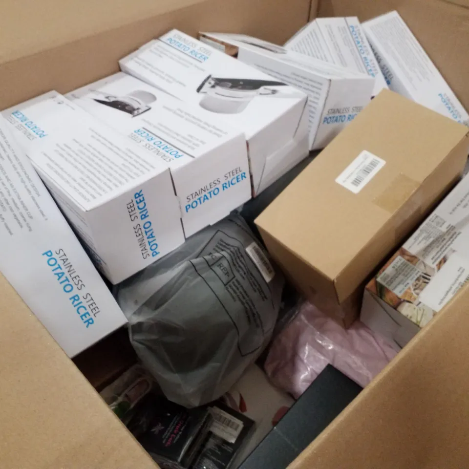 PALLET OF ASSORTED PRODUCTS INCLUDING POTATO RICER, AT THE TABLE BOOK, TOY POLICE CAR, TRASH BAGS, CHAIN BELTS, BECKY HILL CDS