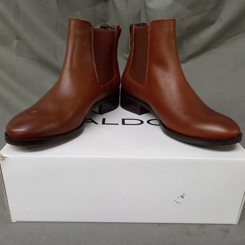 BOXED PAIR OF ALDO MEAVEN LEATHER ANKLE BOOTS IN BROWN UK SIZE 3