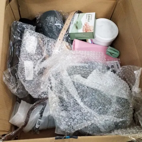 BOX CONTAINING ASSORTED PRODUCTS INCLUDING WALL CLOCK, NAIL FUNGUS LASER DEVICE, KITCHEN UTENSILS, SYNTHETIC COMFORT GIRTH