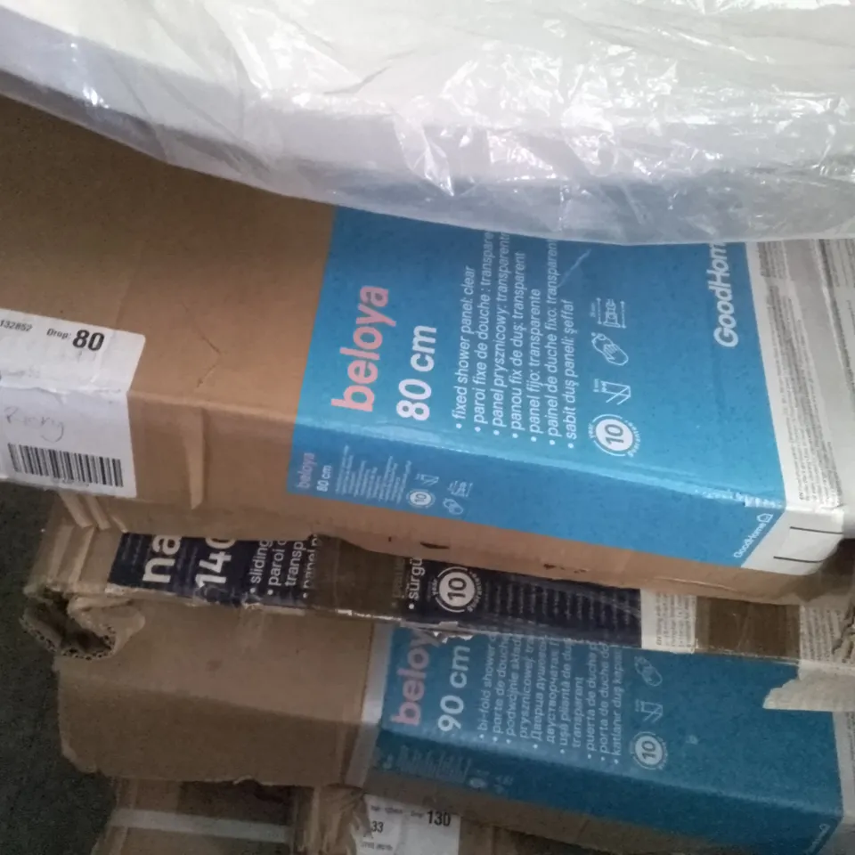 PALLET OF ASSORTED BATHROOM FURNITURE INCLUDING SHOWER PANELS, WALL CABINETS, WORKTOPS, BATH PANEL