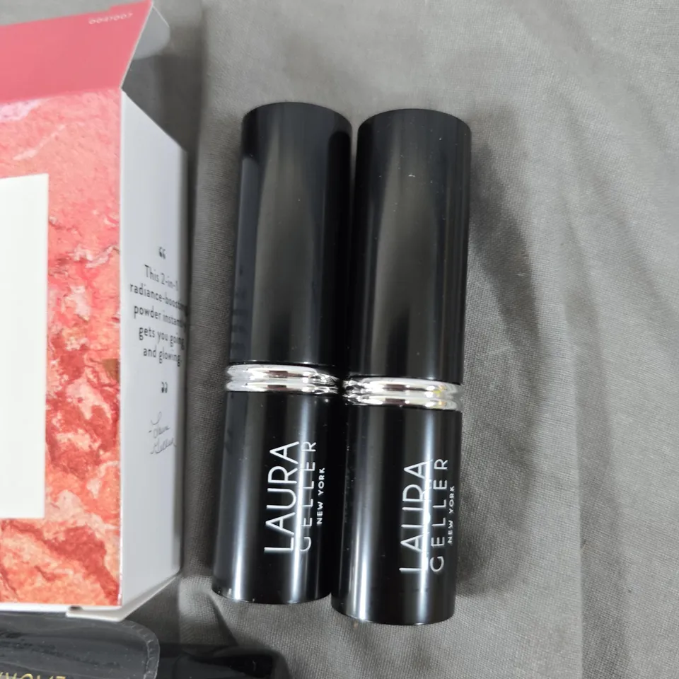 LAURA GELLER MAKE-UP SET: BAKED BLUSH-N-BRONZE MARBLEIZED 2-IN-1 (ROSE BRONZE) WITH TWO LIPSTICKS AND TWO BRUSHES