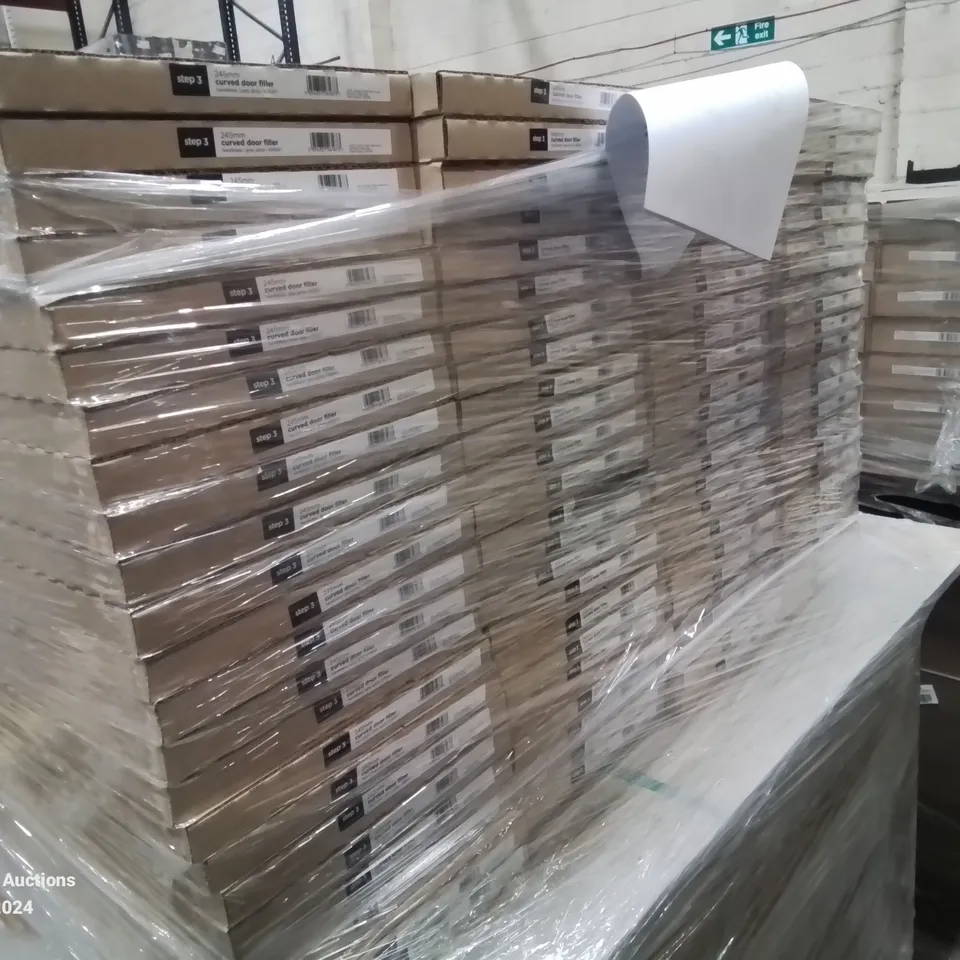 PALLET OF BRAND NEW ITEMS TO INCLUDE: 69 X 245MM CURVED DOOR FILLER GREY GLOSS 426547, 120 X MODULAR BEDROOM GREY SHAKER 3DRAWER NARROW FRONTS 518660