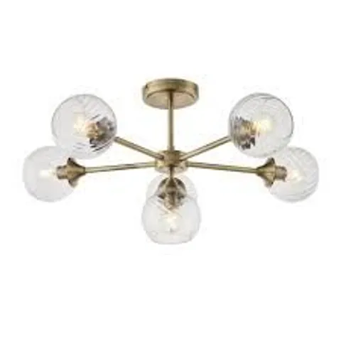 BOXED ENDON ALLEGRA 6 LIGHT SEMI FLUSH ANTIQUE BRASS PLATE AND CLEAR SPIRAL GLASS