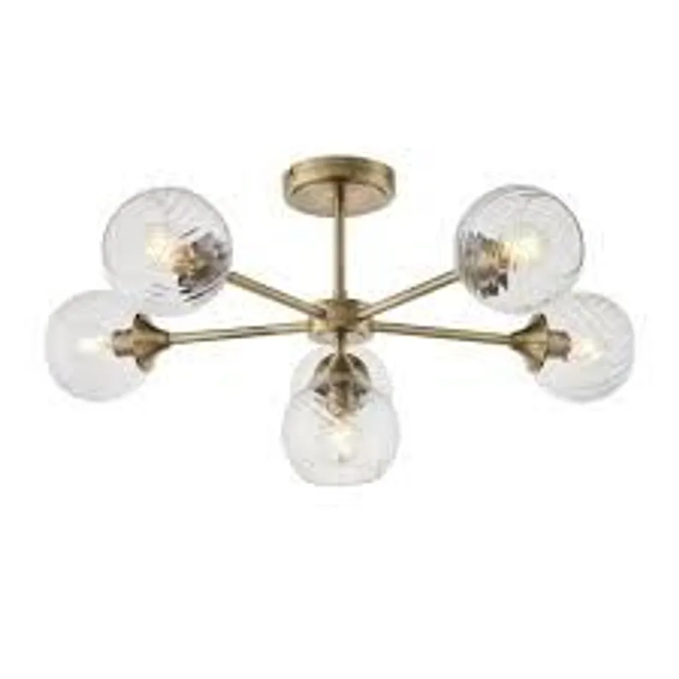 BOXED ENDON ALLEGRA 6 LIGHT SEMI FLUSH ANTIQUE BRASS PLATE AND CLEAR SPIRAL GLASS