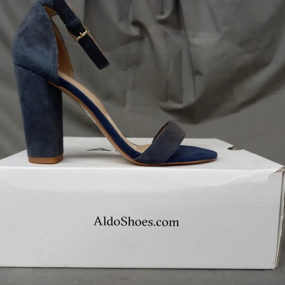 BOXED PAIR OF ALDO JERAYCLYA OPEN TOE BLOCK HEEL SANDALS IN NAVY UK SIZE 3