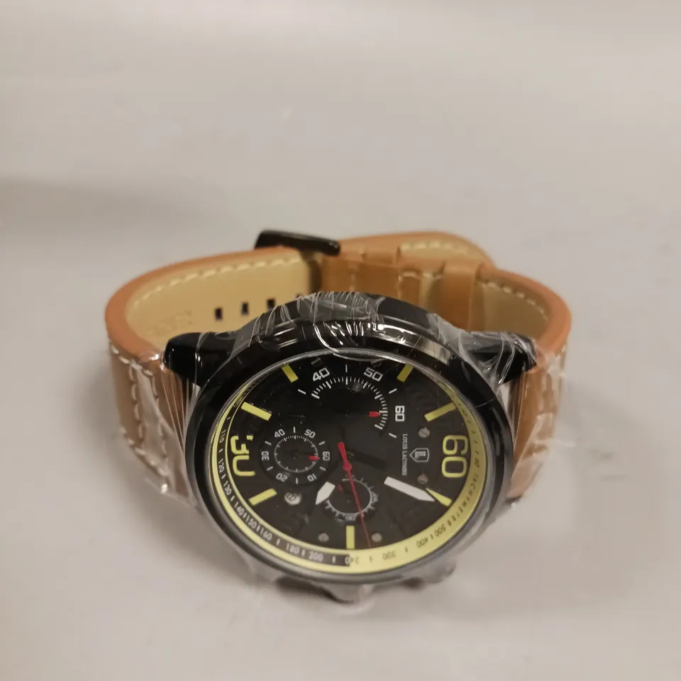 MENS LOUIS LACOMBE CHRONGRAPH WATCH – 3 SUB DIALS – BLACK CASE – LEATHER STRAP