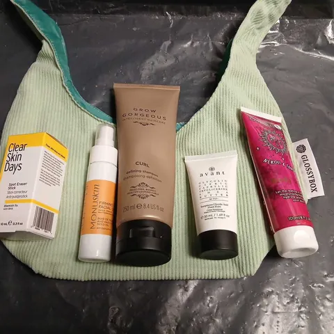 SIX ASSORTED COSMETICS PRODUCTS TO INCLUDE; GLOSSYBOX BAG, BUBBLE T BODY WASH, AVANT HAND BALM, GROW GORGEOUS CURL DEFINING SHAMPOO, MONUSKIN FIRMING FACIAL AND CLEAR SKIN DAYS SPOT ERASER