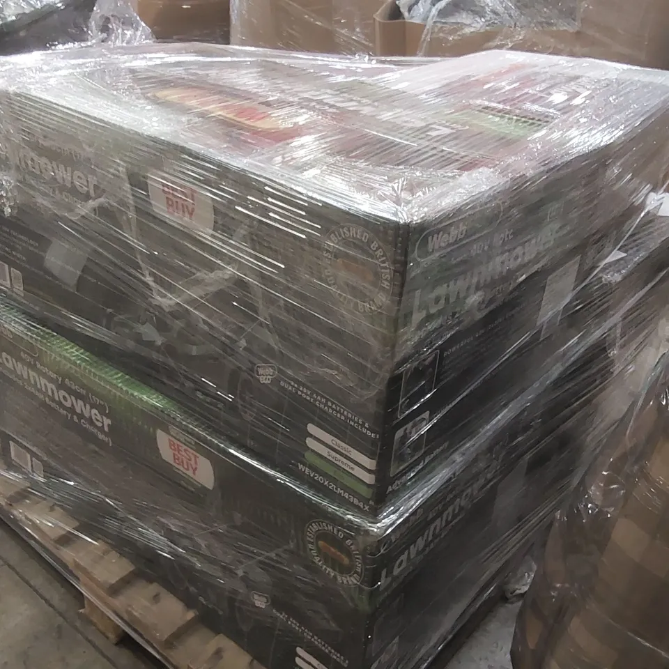 PALLET CONTAINING A LARGE QUANTITY OF ASSORTED GARDENING TOOLS INCLUDING: WEBB ECO CORDLESS 40V LAWNMOWER, WEBB 2 IN 1 ELECTRIC SCARIFIER & LAWN RAKE, WEBB MANUAL 30CM HAND PUSH LAWNMOWERS ECT