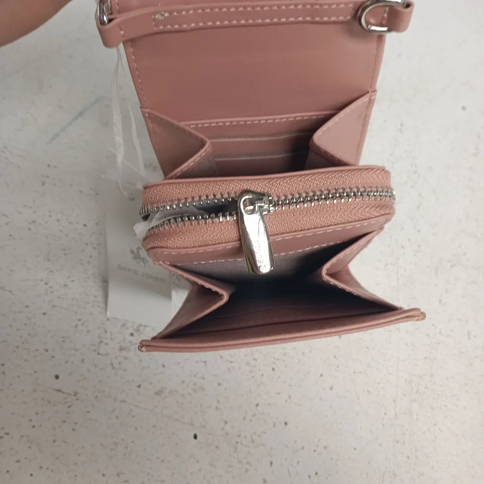 DAVID JONES PARIS PINK LEATHER WALLET – CURVED FLAP, ZIP POCKET