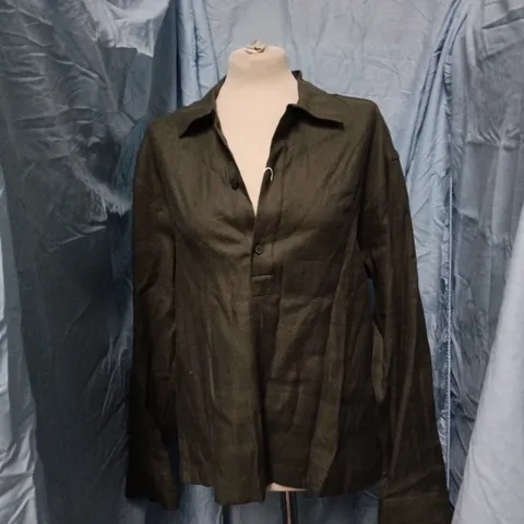 ZARA WOMEN’S BUTTON-DOWN SHIRT – DARK OLIVE/BLACK, UK 12 (EU 40) – MADE IN TURKEY