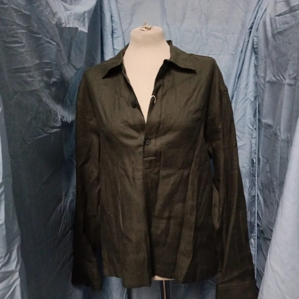 ZARA WOMEN’S BUTTON-DOWN SHIRT – DARK OLIVE/BLACK, UK 12 (EU 40) – MADE IN TURKEY 