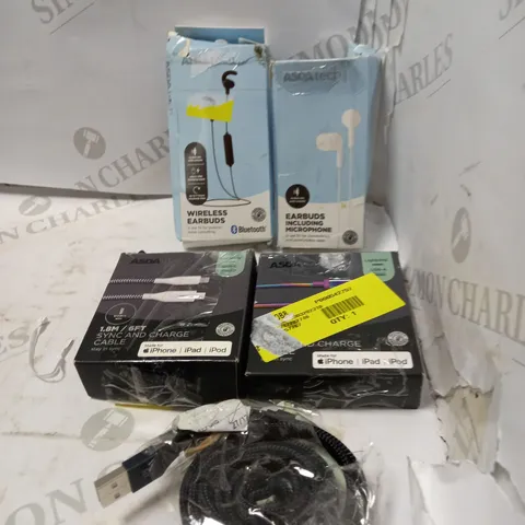LOT OF FIVE TO INCLUDE WIRELESS EARBUDS , 1.8 SYNC AND CHARGE CABLE , ETC