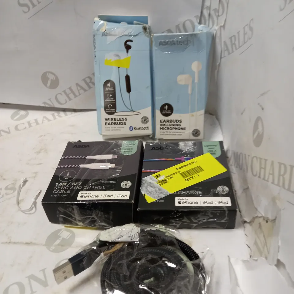 LOT OF FIVE TO INCLUDE WIRELESS EARBUDS , 1.8 SYNC AND CHARGE CABLE , ETC