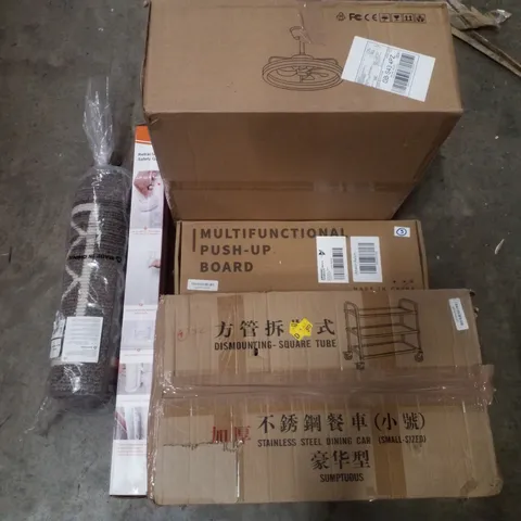 PALLET CONTAINING ASSORTED PRODUCTS INCLUDING LED CEILING FAN LIGHT, MULTIFUNCTIONAL PUSH-UP BOARD, STAINLESS STEEL DINING CAR, RETRACTABLE SAFTEY GATE & AREA RUG