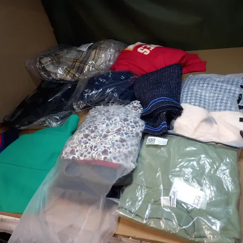BOX OF ASSORTED CLOTHING ITEMS TO INCLUDE JUMPERS, TROUSERS AND JACKETS