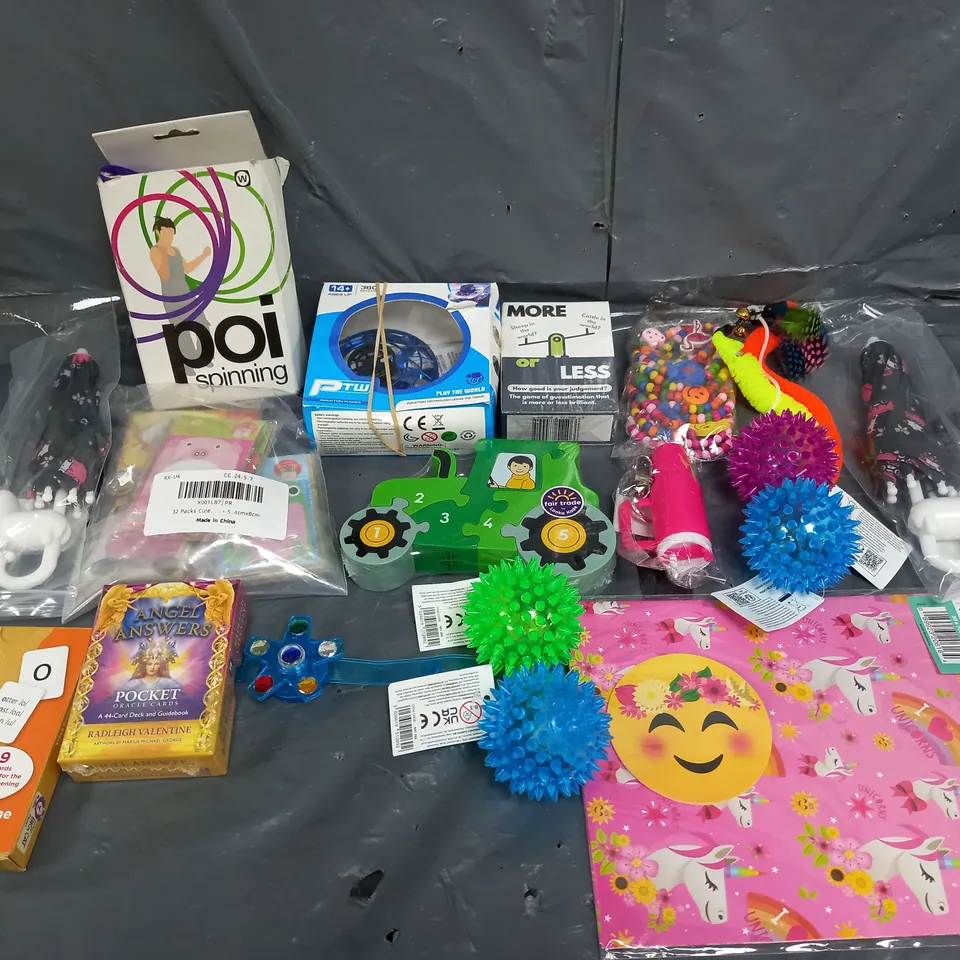 BOX OF ASSORTED TOYS AND GAMES TO INLUDE BOUNCY BALLS, CARD GAMES AND TAROT CARDS