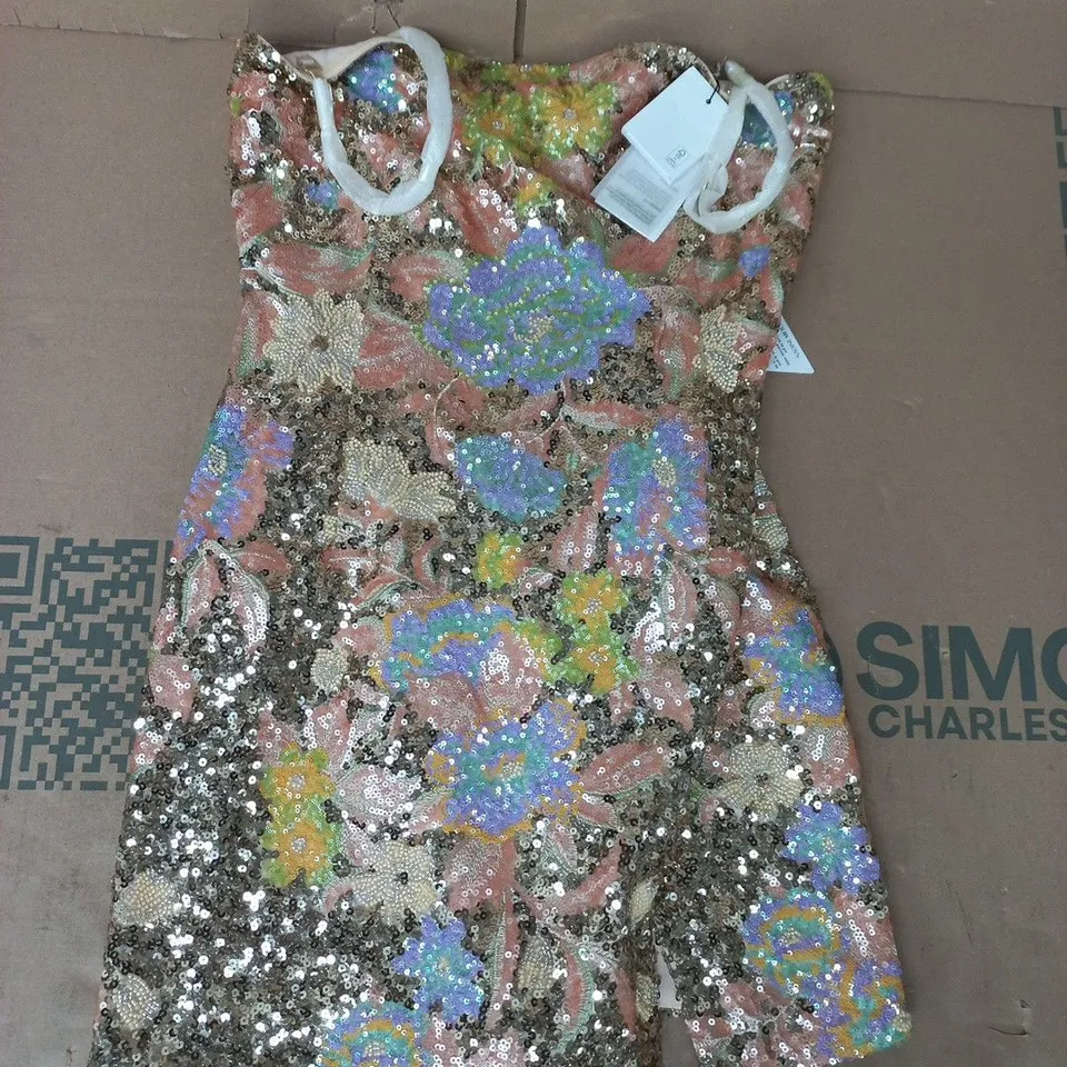 NADINE MERABI SEQUIN DRESS IN GOLD/FLORAL SIZE LARGE
