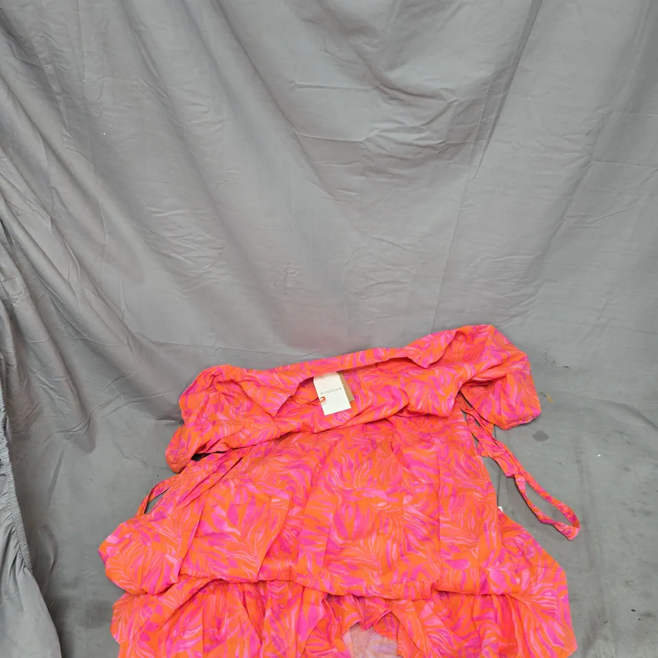 MONSOON WOMEN'S SUMMER DRESS - PINK/ORANGE LEAF PRINT, UK SIZE L