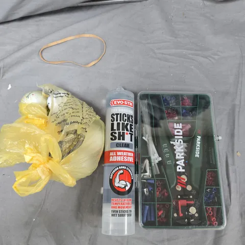 BOX OF ASSORTED ITEMS TO INCLUDE - PENS - TOOLS - EVO STICK 