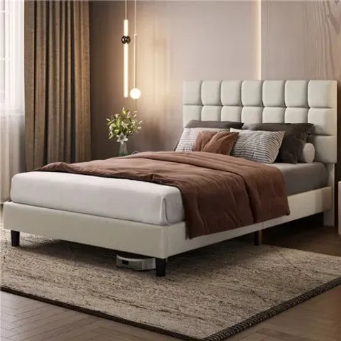 BOXED YAHEETECH SIZE MODERN UPHOLSTERED BED FRAME WITH SQUARE TUFTED HEADBOARD - 135cm DOUBLE, BEIGE (1 BOX)