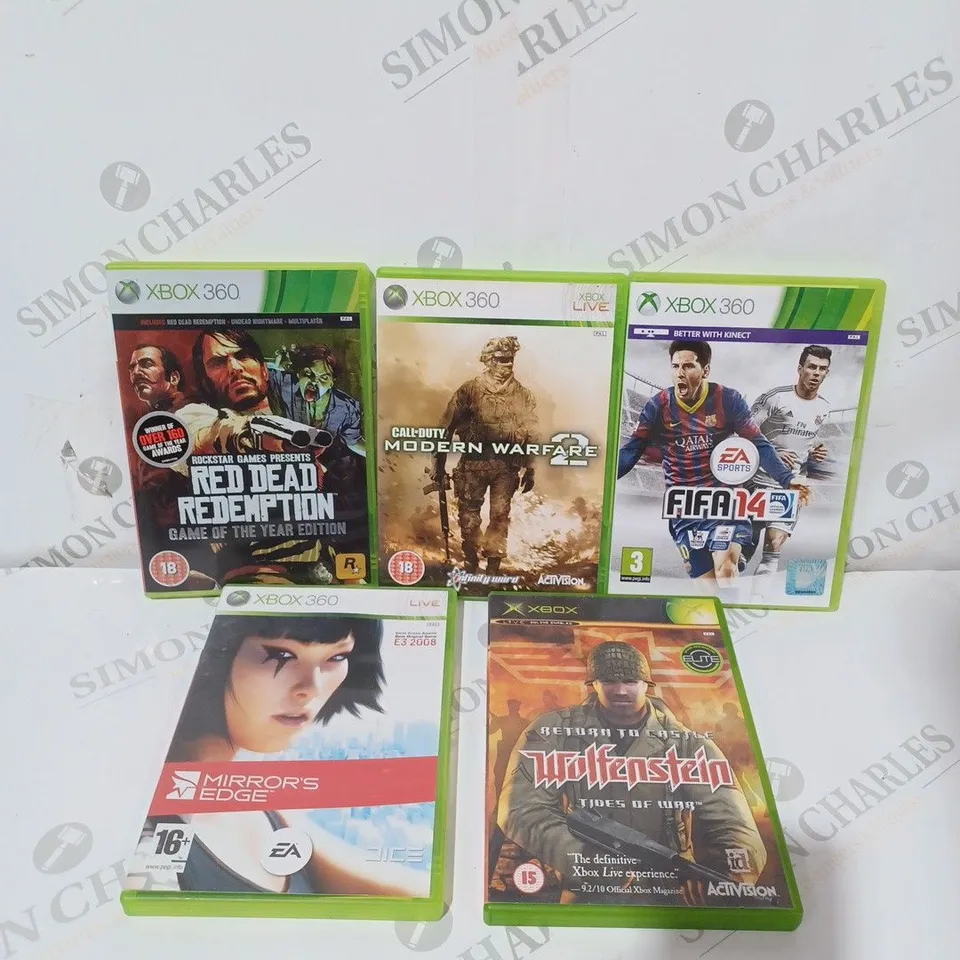 BOX OF 5 ASSORTED XBOX & XBOX 360 VIDEO GAMES TO INCLUDE - FIFA 14 - MIRRORS EDGE - CALL OF DUTY MODERN WARFARE 2 ECT