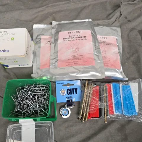 lot of assorted household items to include hND CASTING KITS, SPAX SCREWS AND SALTS ALOE RINGS