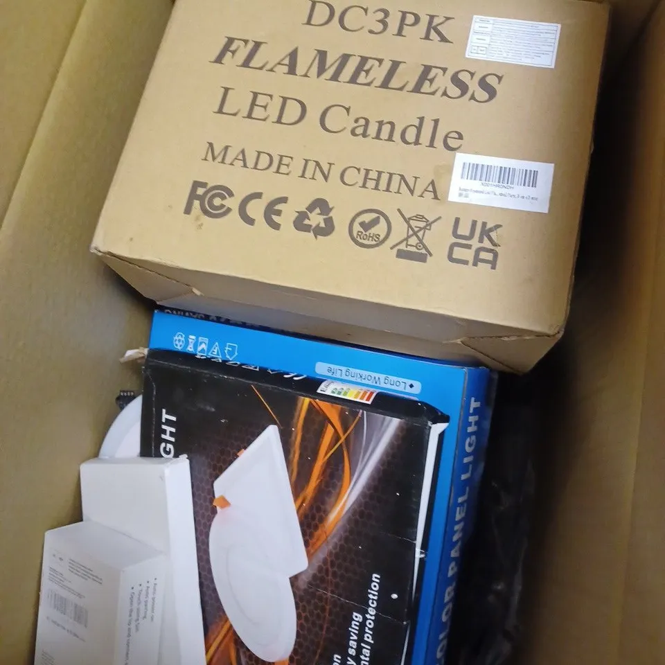 BOX OF APPROXIMATELY 10 ASSORTED ITEMS TO INCLUDE WIFI CAMERA, LED MAGNETIC FLASH, LED PANEL ETC