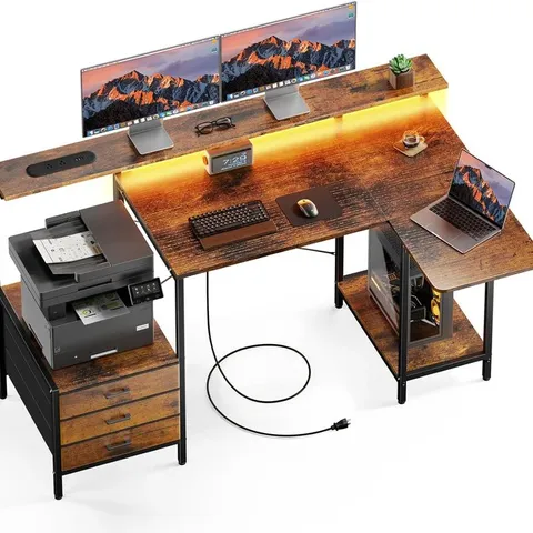 BOXED HLDIRECT 55 INCH GAMING DESK WITH POWER OUTLETS & LED LIGHTS, COMPUTER DESK WITH 3 DRAWERS & STORAGE SHELVES, GAMING TABLE WITH MONITOR STAND AND FOLDABLE TABLETOP