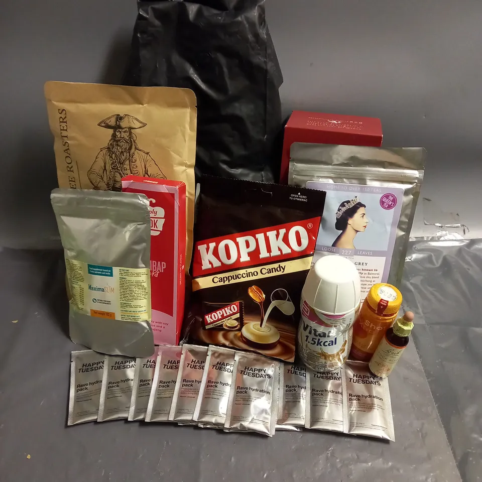 APPROXIMATELY 10 ASSORTED FOOD & DRINK ITEMS TO INCLUDE - RHYTHM 108 VEGAN HAZELNUT PRALINE BARS - HAPPY TUESDAYS RAVE HYDRATION PACKS - CANNON COFFEE ROASTERS BEANS - ETC