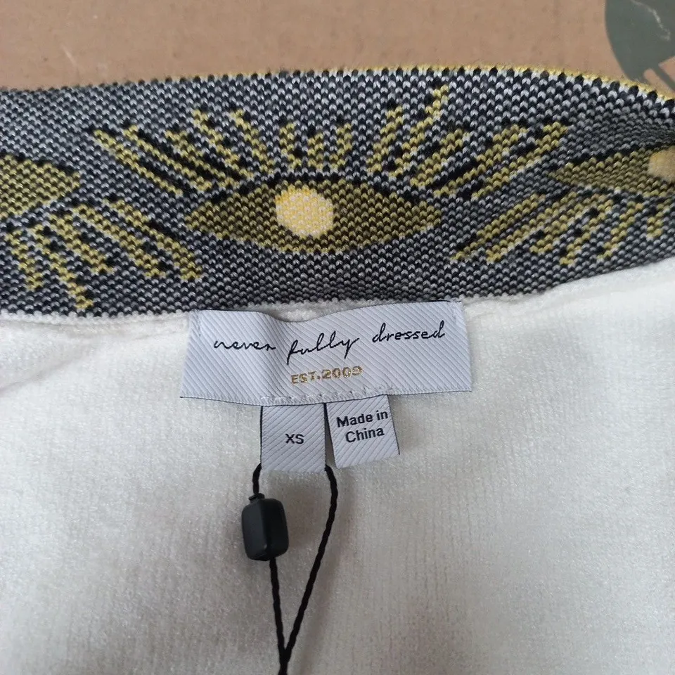 NEVER FULLY DRESSED WOMEN'S CARDIGAN - WHITE WITH YELLOW TRIM, EMBROIDERED DESIGN, XS