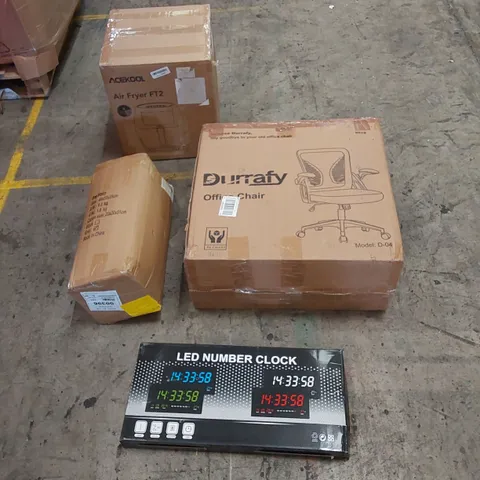 PALLET OF ASSORTED HOUSEHOLD ITEMS AND CONSUMER PRODUCTS TO INCLUDE; OFFICE CHAIR, AIR FRYER, DOG STAIRS, LED CLOCK, TOILET SEAT ETC