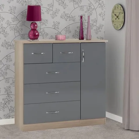 BOXED NEVADA 5 DRAWER LOW WARDROBE - GREY GLOSS/LIGHT OAK (2 BOXES)