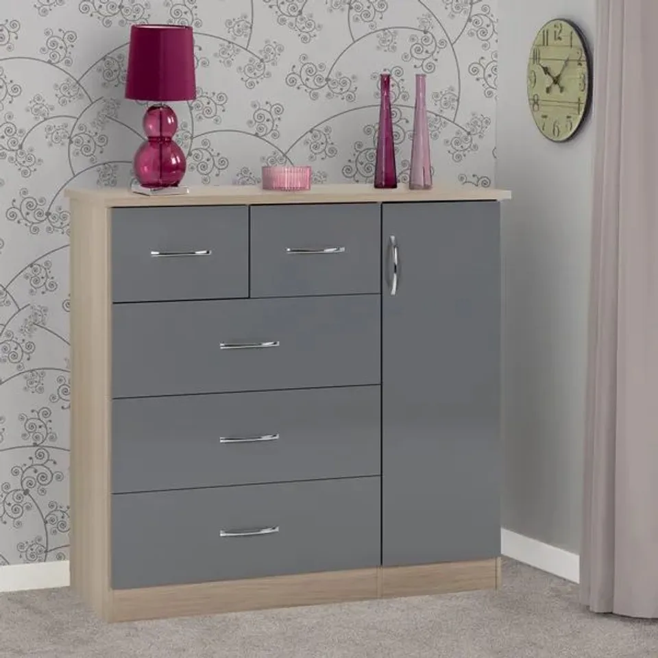 BOXED NEVADA 5 DRAWER LOW WARDROBE - GREY GLOSS/LIGHT OAK (2 BOXES)