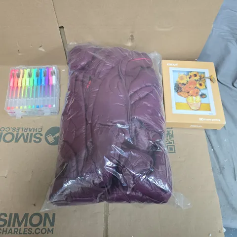 LARGE QUANTITY OF ASSORTED ITEMS TO INCLUDE PADDED JACKET, 3D FRAME PAINTING, FELT TIP PEN SET, ETC - COLLECTION ONLY