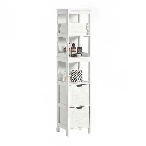 BOXED SOBUY BATHROOM STORAGE CABINET SLIM TALL 3-TIER SHELVES WITH 2 DRAWERS - WHITE (1 BOX)