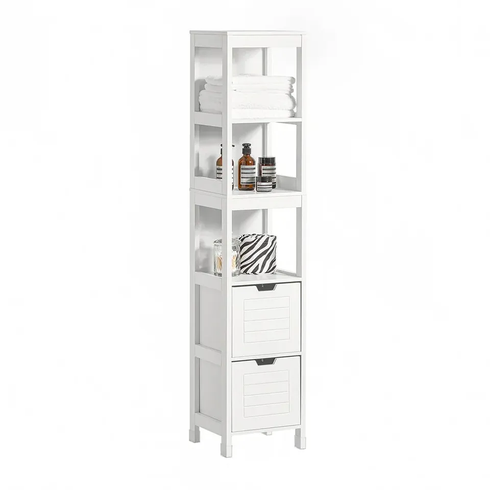 BOXED SOBUY BATHROOM STORAGE CABINET SLIM TALL 3-TIER SHELVES WITH 2 DRAWERS - WHITE (1 BOX)