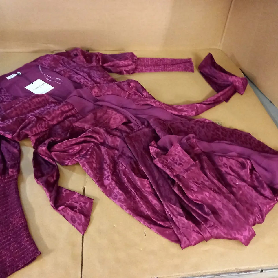 GLAMPROUS WRAP DETAIL LADIES DRESS IN WINE JACQUARD - UK 12