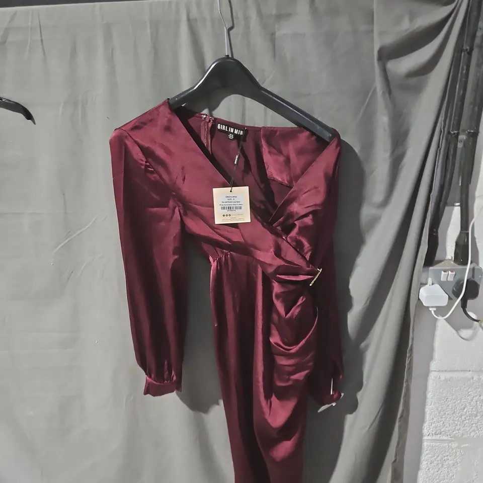 GIRL IN MIND ELSA GOLD BUCKLE LONG SLEEVE WRAP DRESS – WINE, UK 8