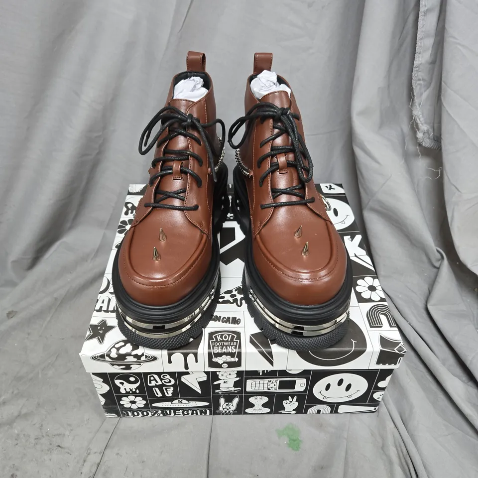 BOXED PAIR OF KOI THE SILENCE PLATFORM GRUNGE BOOTS IN BROWN - SIZE 6