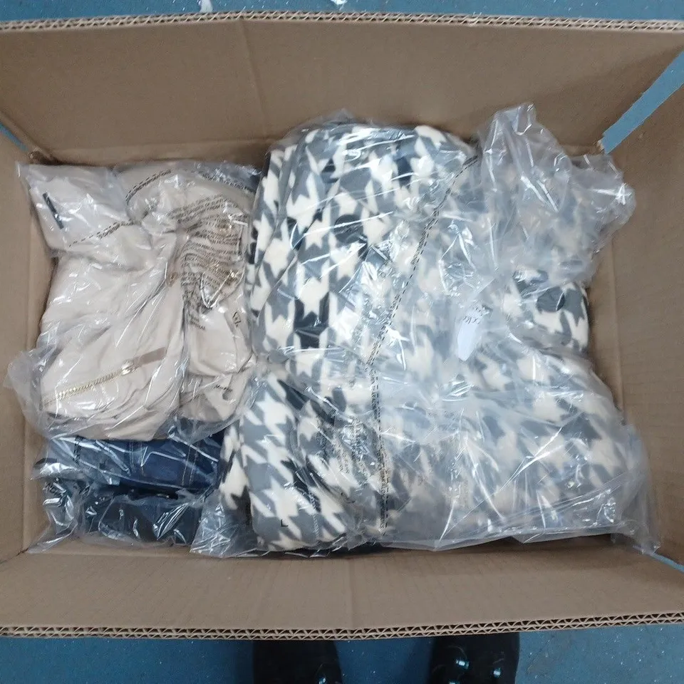 BOX OF 8 ASSORTED CLOTHING ITEMS TO INCLUDE BLACK ZIP UP JACKET, ETC
